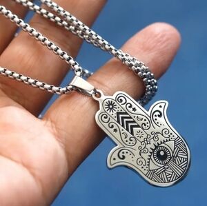 Hamsa Hand Pendant Necklace Evil Eye Fatima Vintage Stainless Steel Necklace